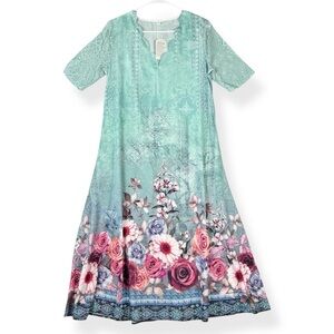 Ladies Boho Midi Dress with Pockets Womens Small S Blue Floral V Neck Blue NWT